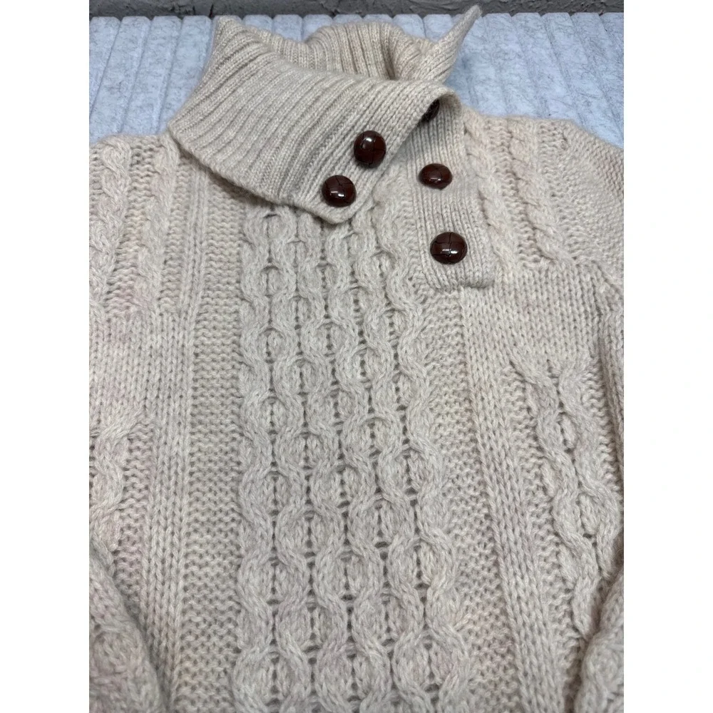 Vintage 100% Wool Cable Knit Sweater Cream Button Neck Chunky RN 45875‎ Small